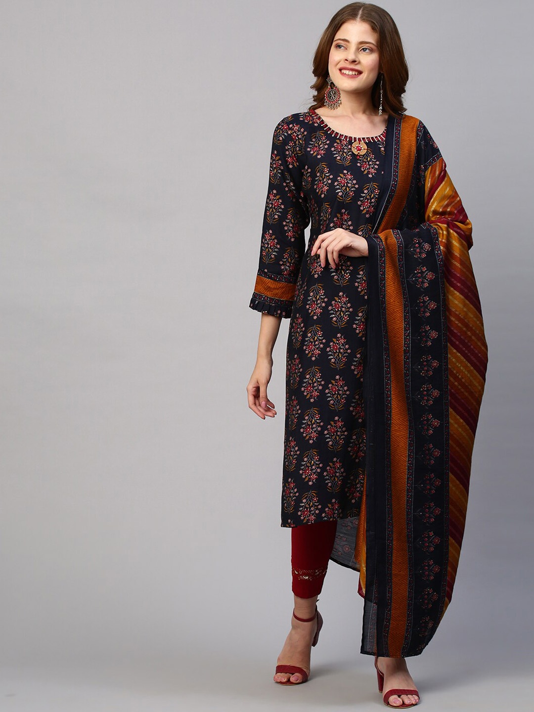 

FASHOR Women Navy Blue & Red Ethnic Motifs Printed Thread Work Kurta with Dupatta