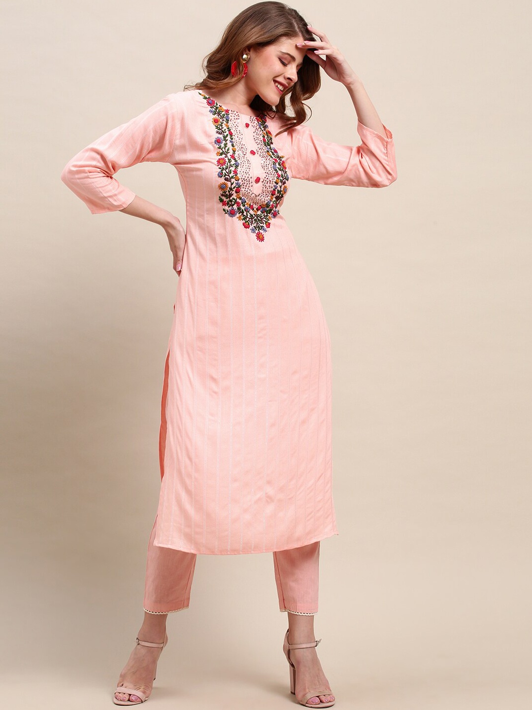

FASHOR Women Peach-Coloured Striped Thread Work Crepe Kurta
