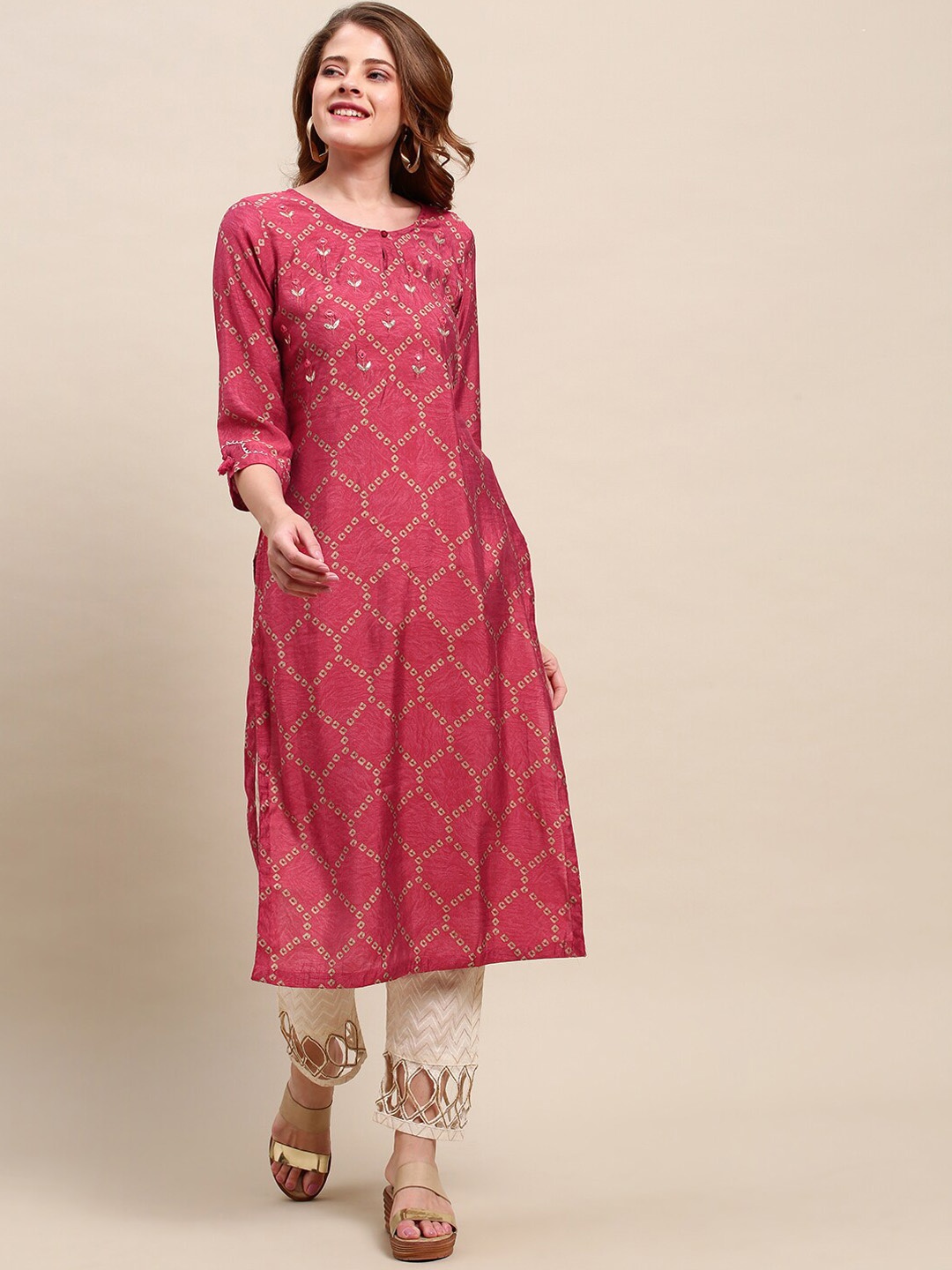 

FASHOR Women Red & Brown Bandhani Printed Mirror Work Muslin Silk Kurta