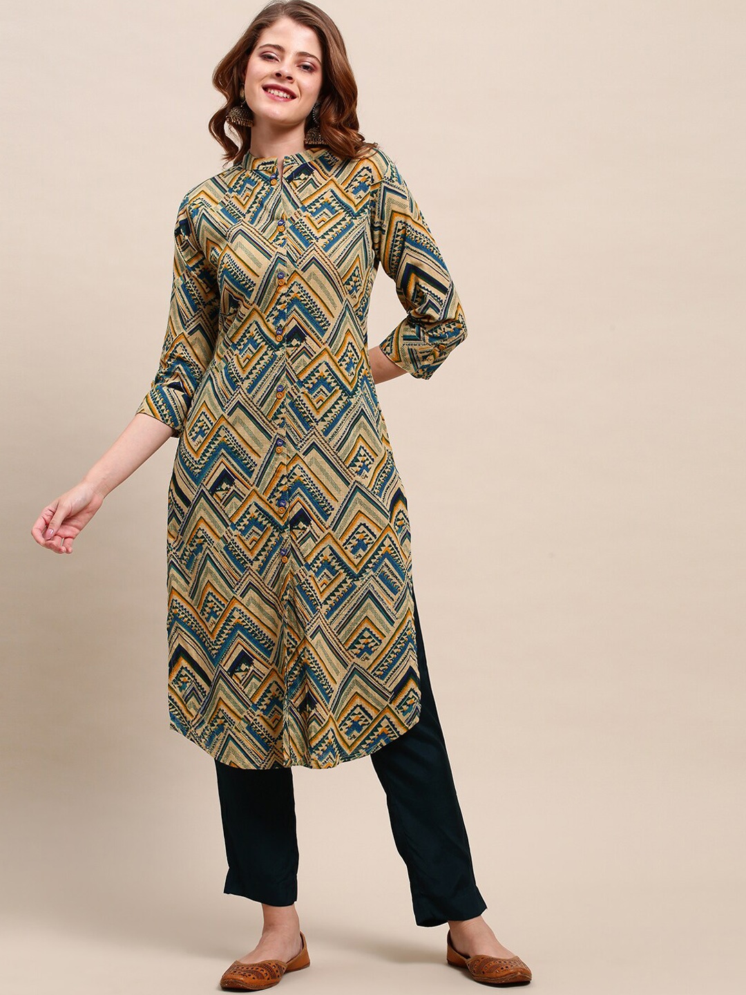 

FASHOR Women Yellow & Blue Geometric Printed Kurta