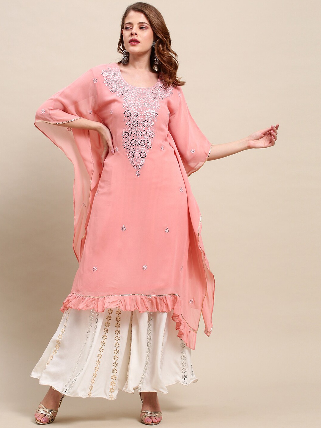 

FASHOR Women Pink Embroidered Flared Sleeves Thread Work Georgette Kaftan Kurta