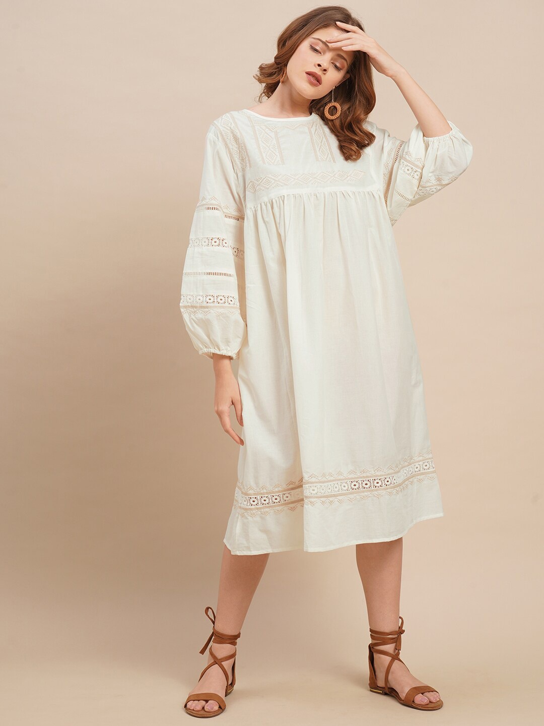 

FASHOR White Embroidered A-Line Midi Dress