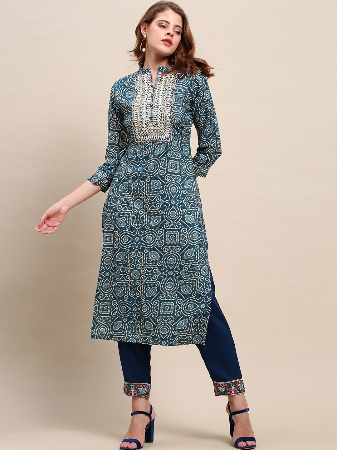 

FASHOR Women Blue & Beige Bandhani Printed Kurta