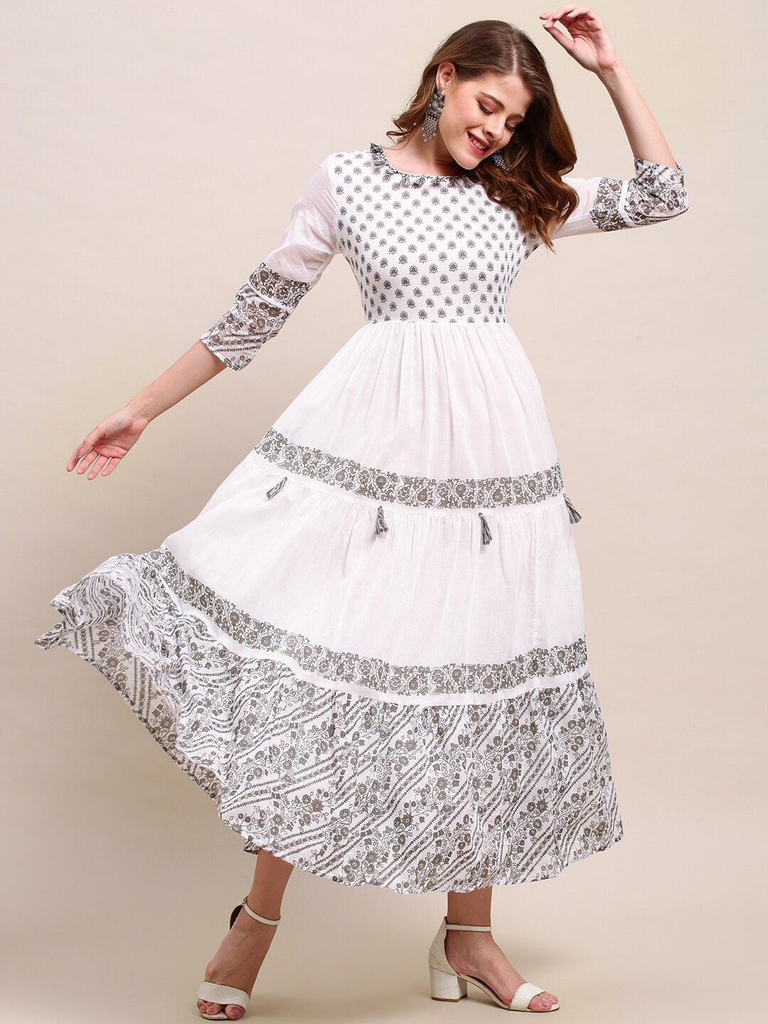 

FASHOR Women White Ethnic Motifs Printed Cotton Maxi Dress