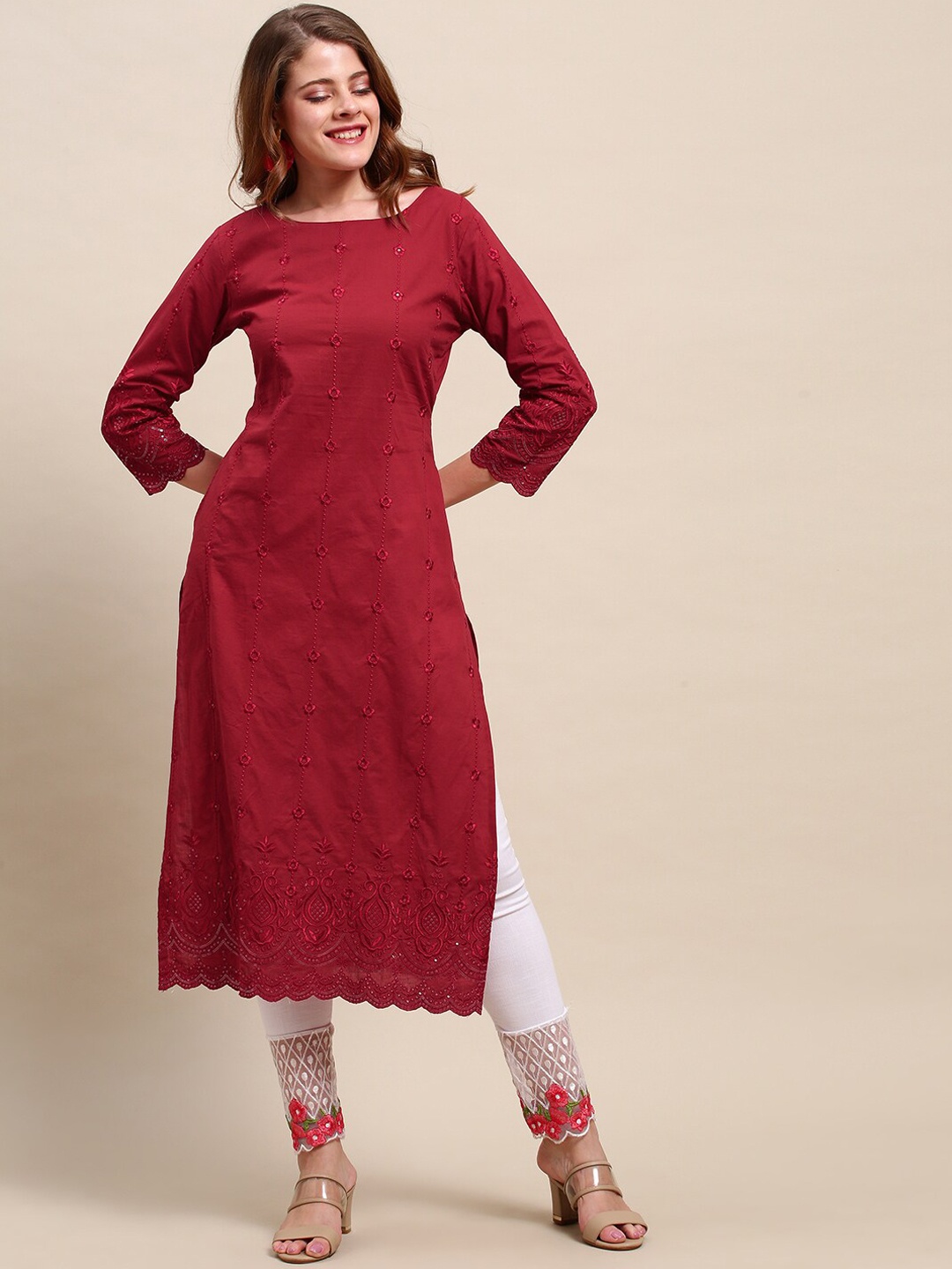 

FASHOR Women Red Ethnic Embroidered Solid Straight Fit Kurta