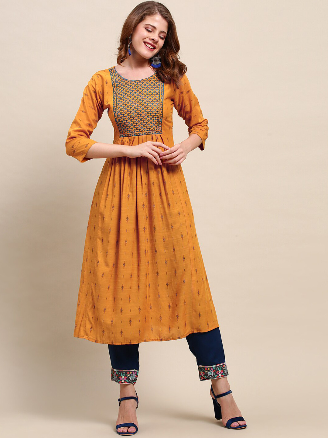 

FASHOR Women Mustard Yellow Ethnic Motifs Printed Kurta