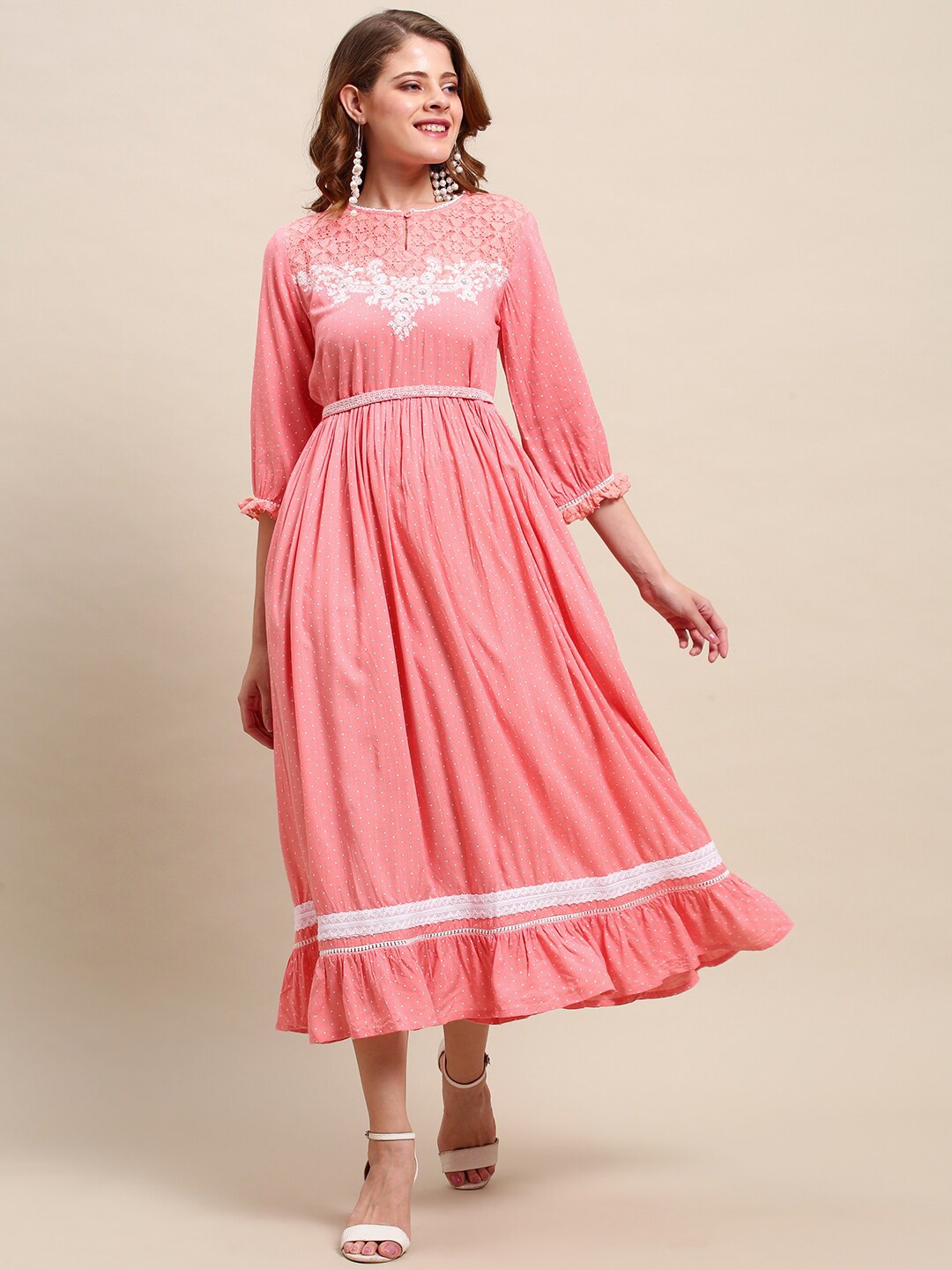 

FASHOR Pink & White Printed Belted Midi Dress