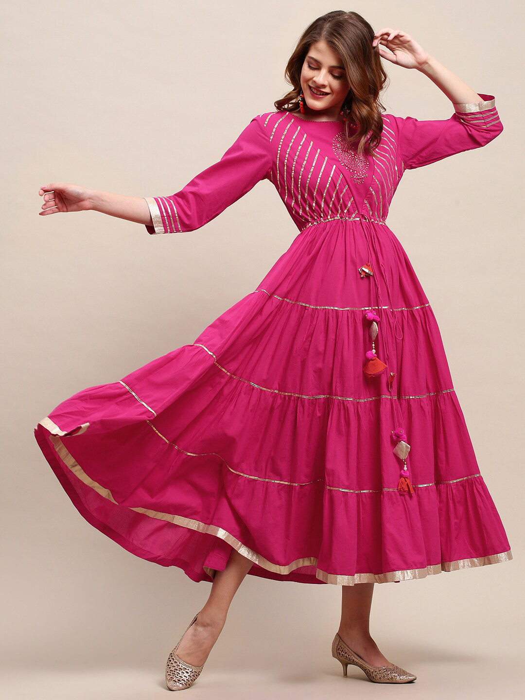 

FASHOR Pink Ethnic Motifs Midi Tiered Dress