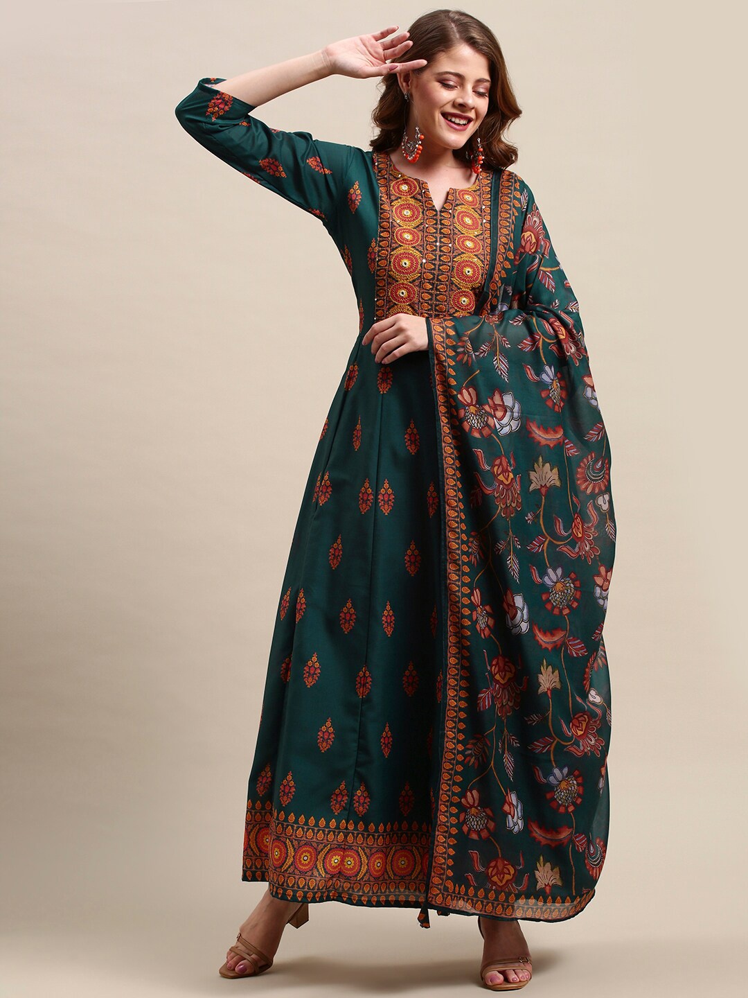 

FASHOR Women Green Ethnic Motifs Printed Maxi Dress with Dupatta