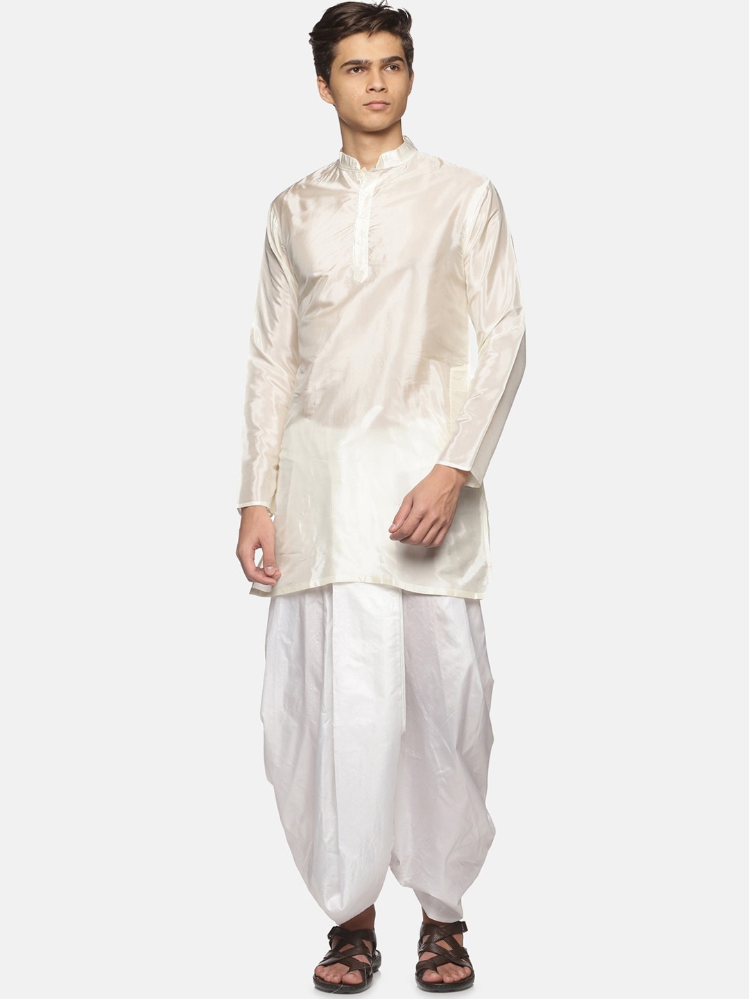 

Sethukrishna Men Cream-Coloured Art Silk Kurta with Dhoti Pants