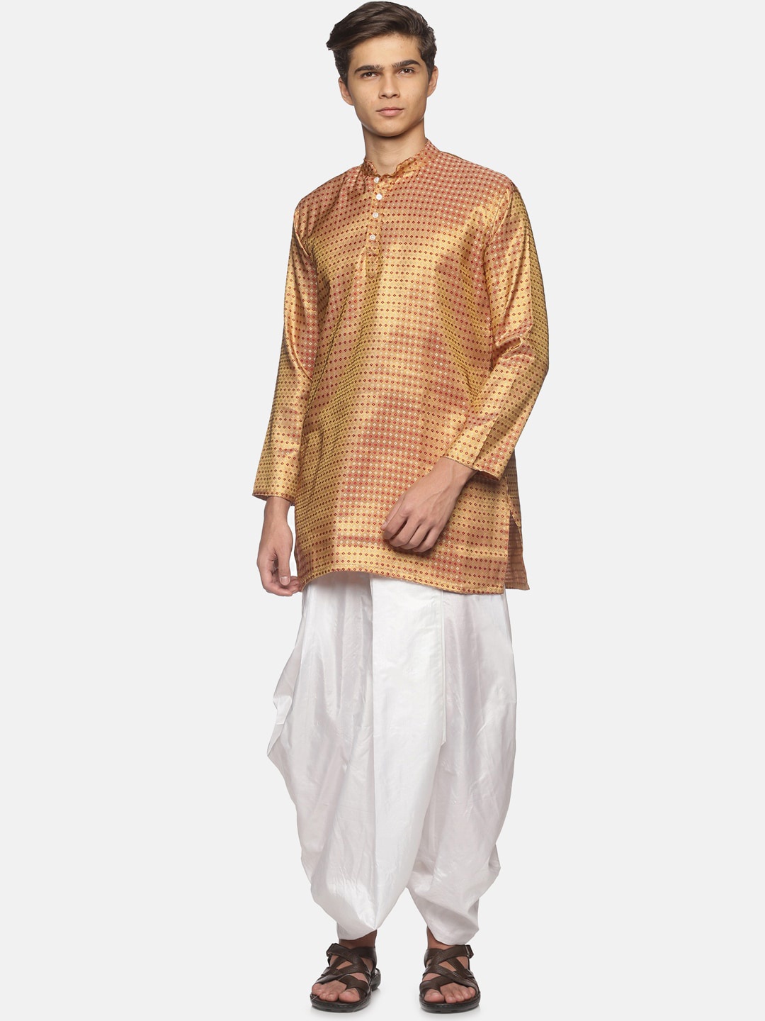 

Sethukrishna Men Art Silk Golden & Red Kurta with Dhoti Pants, Gold
