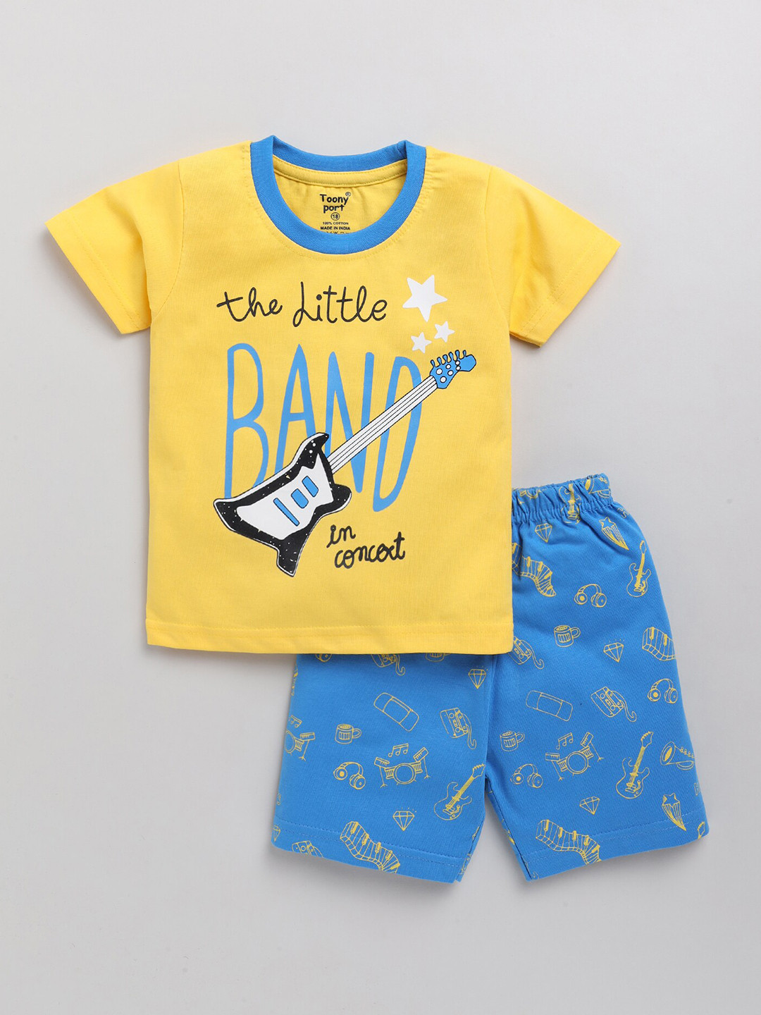 

Toonyport Boys Yellow & Blue Printed Cotton T-shirt with Shorts
