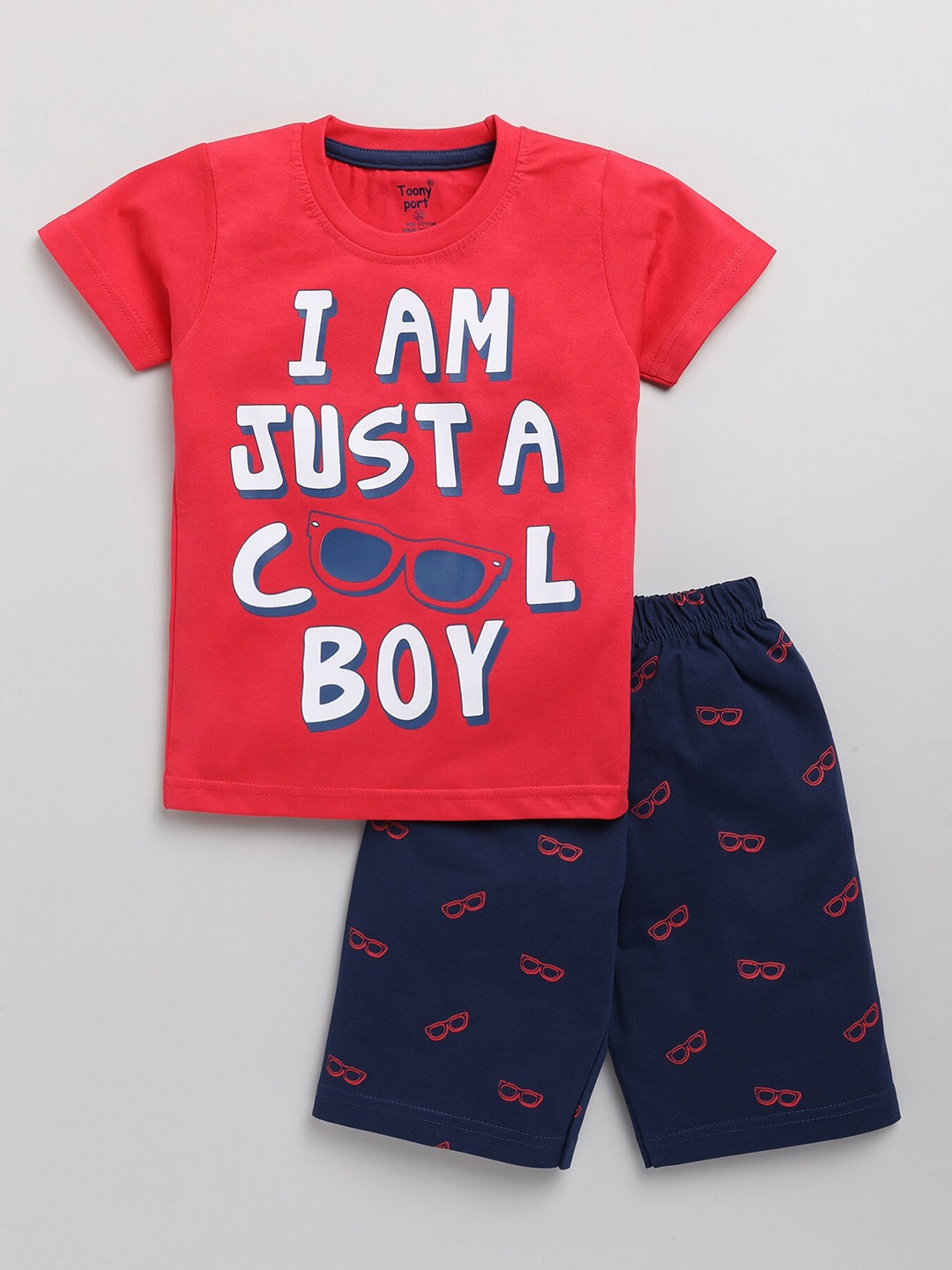 

Toonyport Boys Red & White Printed Cotton T-shirt with Shorts