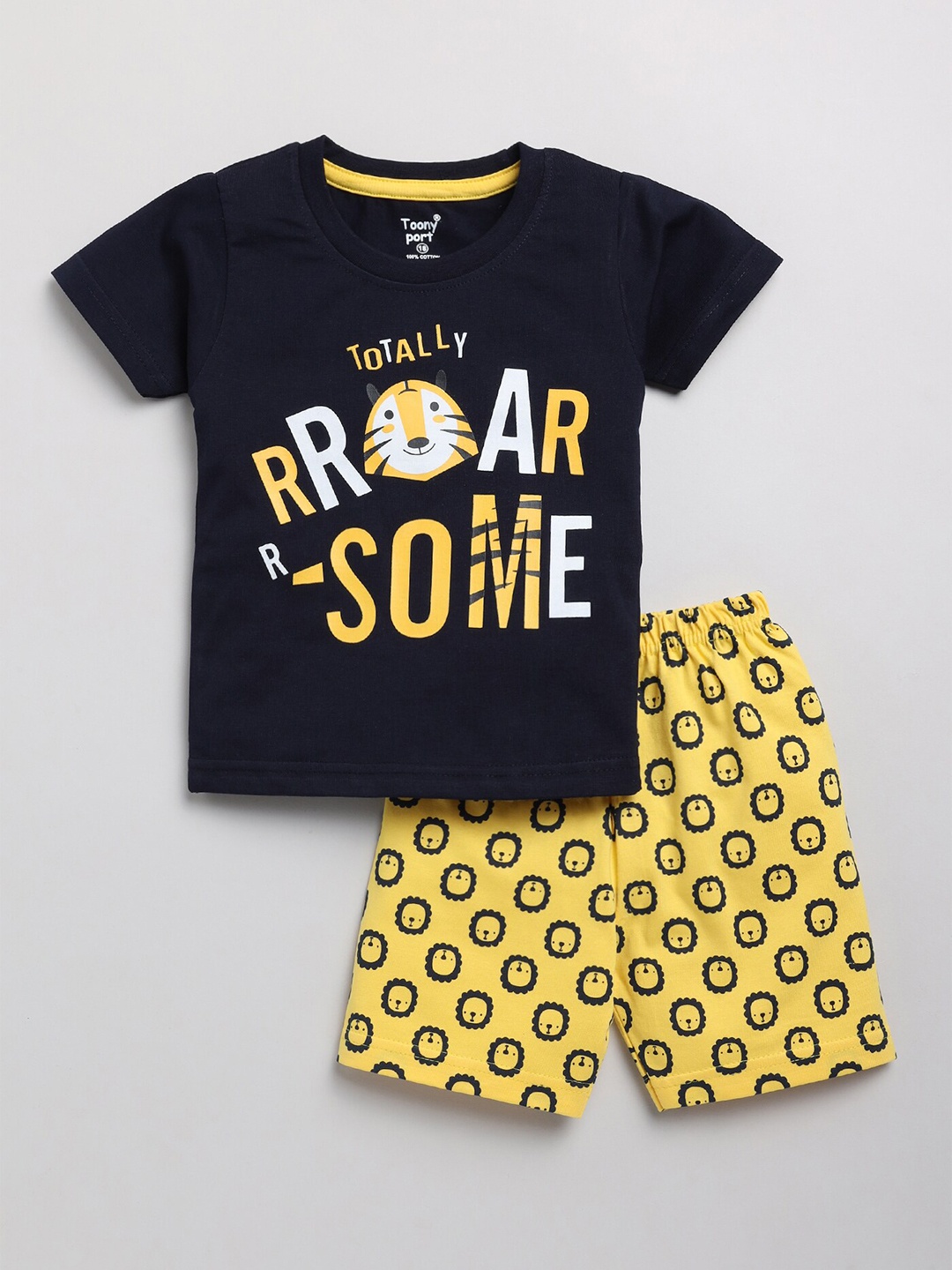 

Toonyport Boys Navy Blue & Yellow Printed Pure Cotton T-shirt with Shorts