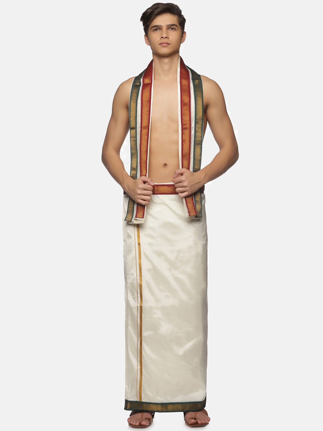 

Sethukrishna Men Cream-Coloured Solid Dhoti With Angavastram