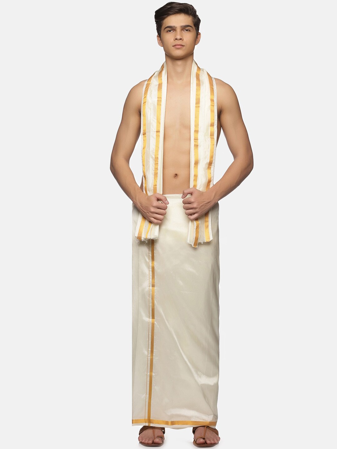 

Sethukrishna Men Cream-Coloured Solid Dhotis With Angavastram