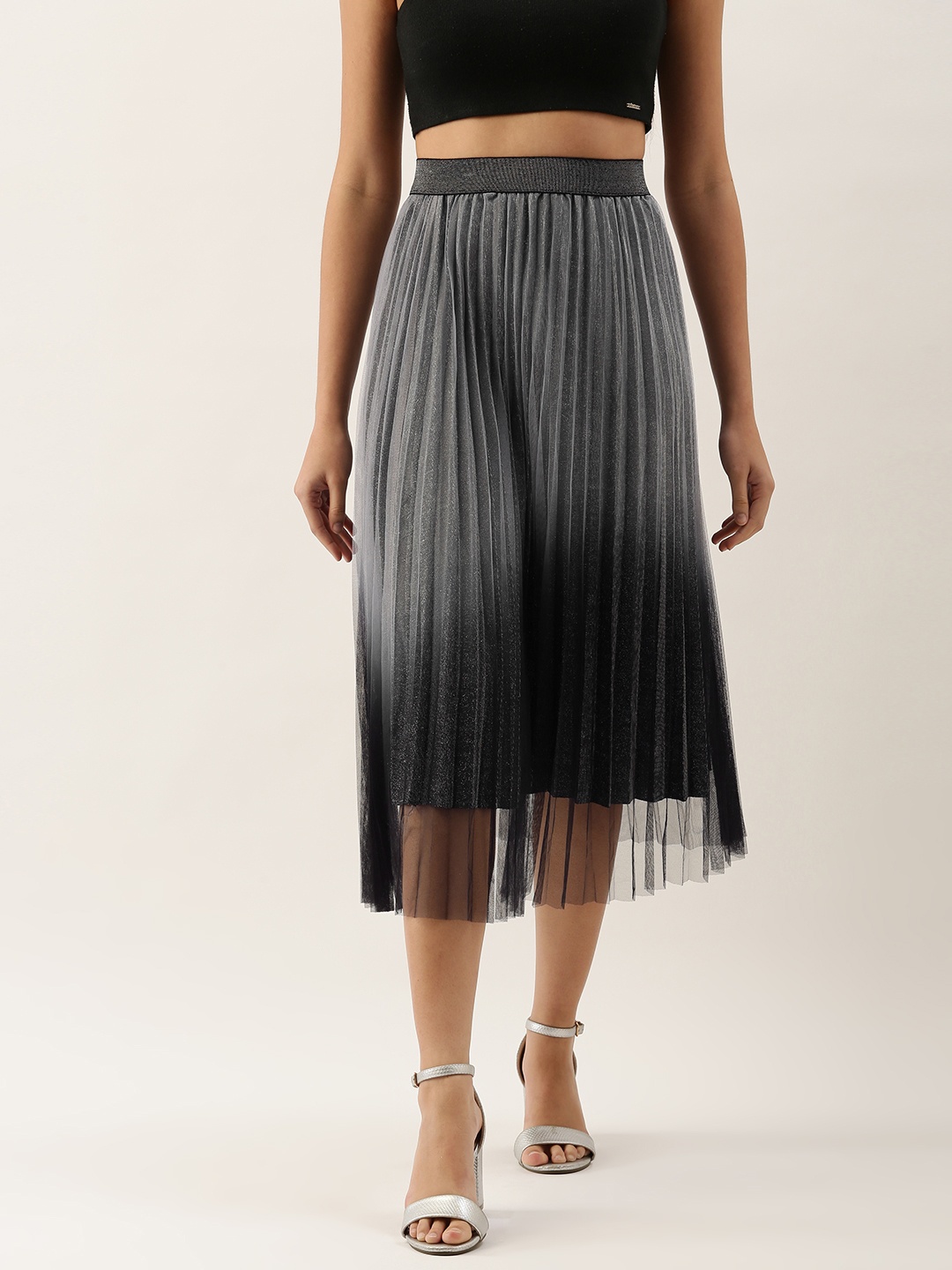 

SHECZZAR Black Ombre Shimmer Accordion Pleats A-Line Skirt