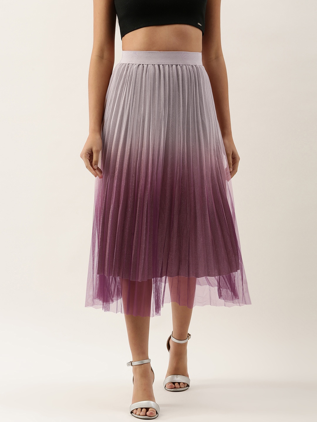 

SHECZZAR Women Pink & Purple Ombre Shimmer Accordion Pleats A-Line Skirt