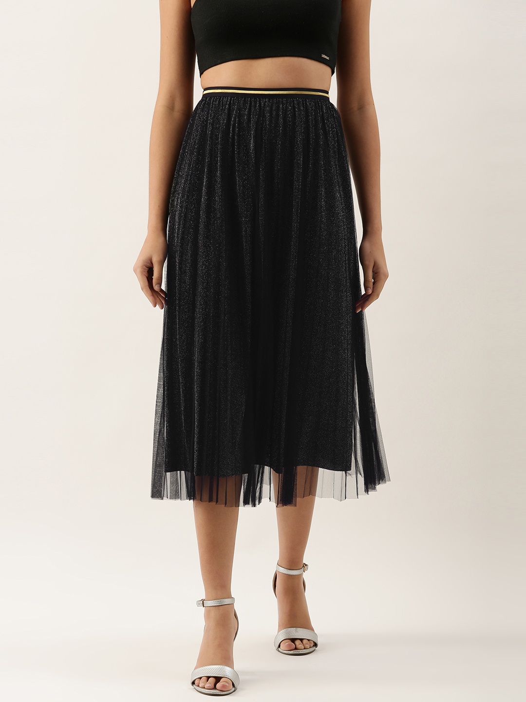 

SHECZZAR Black Shimmer Accordion Pleats A-Line Skirt