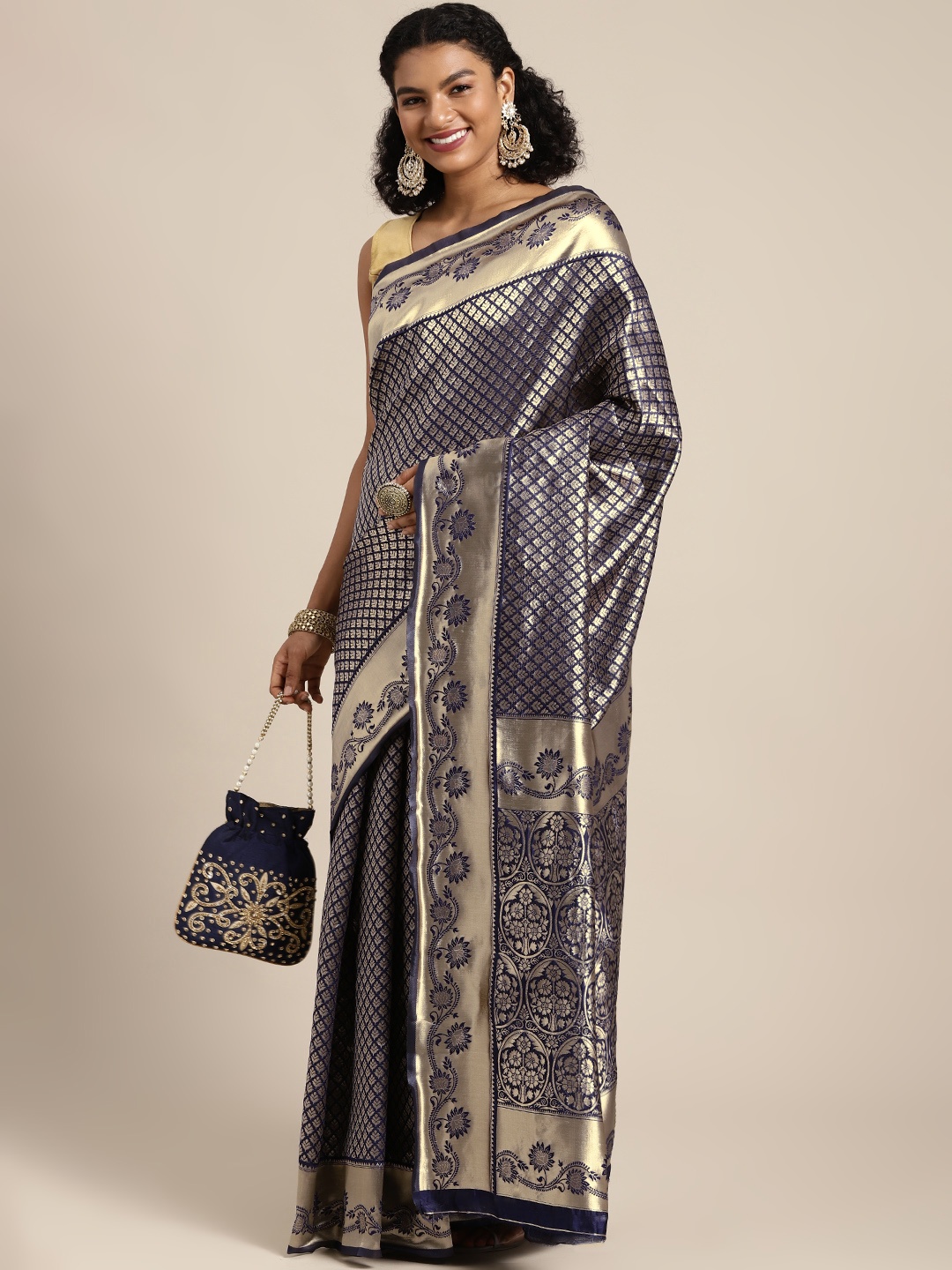 

Mitera Navy Blue & Golden Ethnic Motifs Woven Design Banarasi Saree