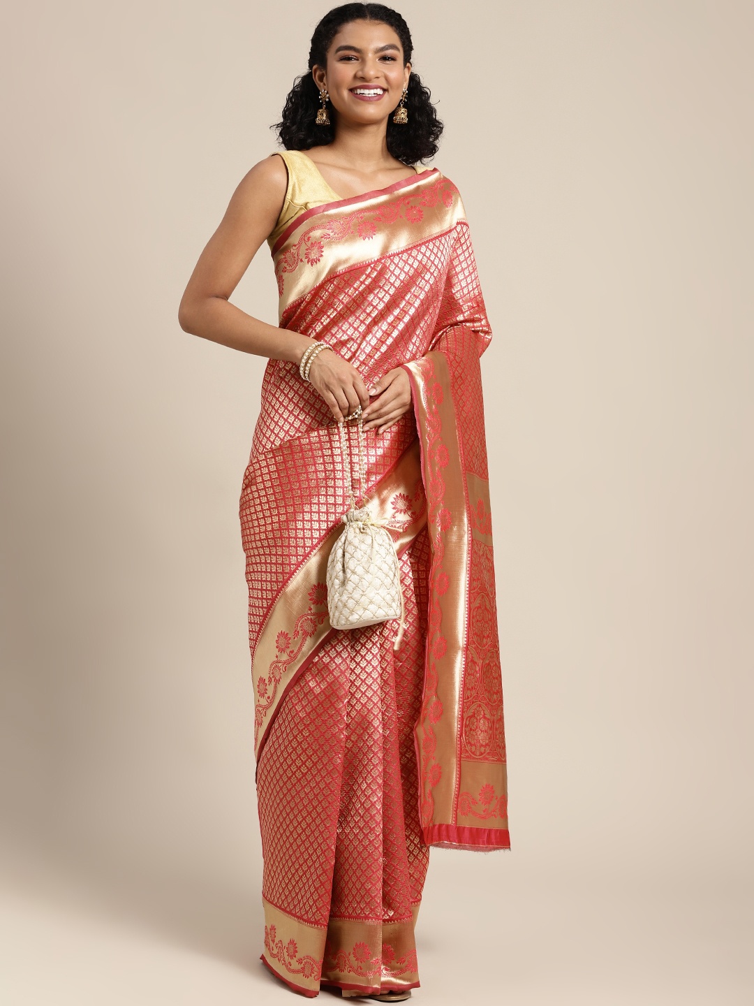 

Mitera Peach-Coloured & Golden Ethnic Motifs Woven Design Banarasi Saree