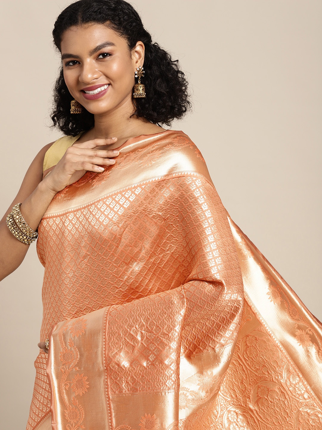 

Mitera Orange & Golden Ethnic Motifs Woven Design Banarasi Saree