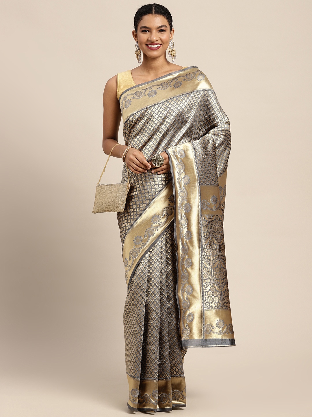 

Mitera Grey & Gold-Toned Woven Design Silk Blend Banarasi Saree