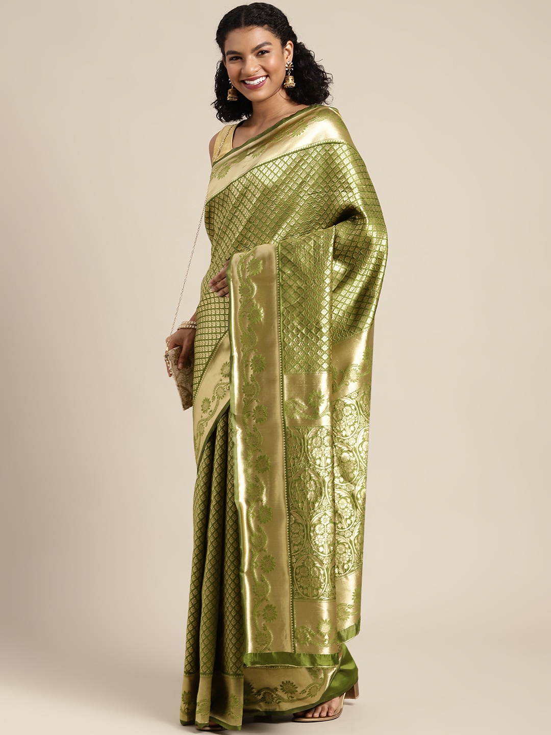 

Mitera Green & Golden Ethnic Motifs Woven Design Banarasi Saree