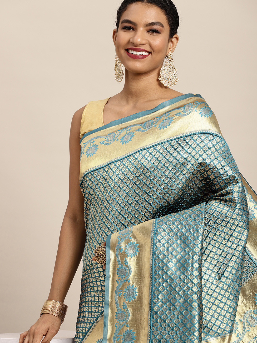 

Mitera Blue & Gold-Toned Woven Design Silk Blend Banarasi Saree