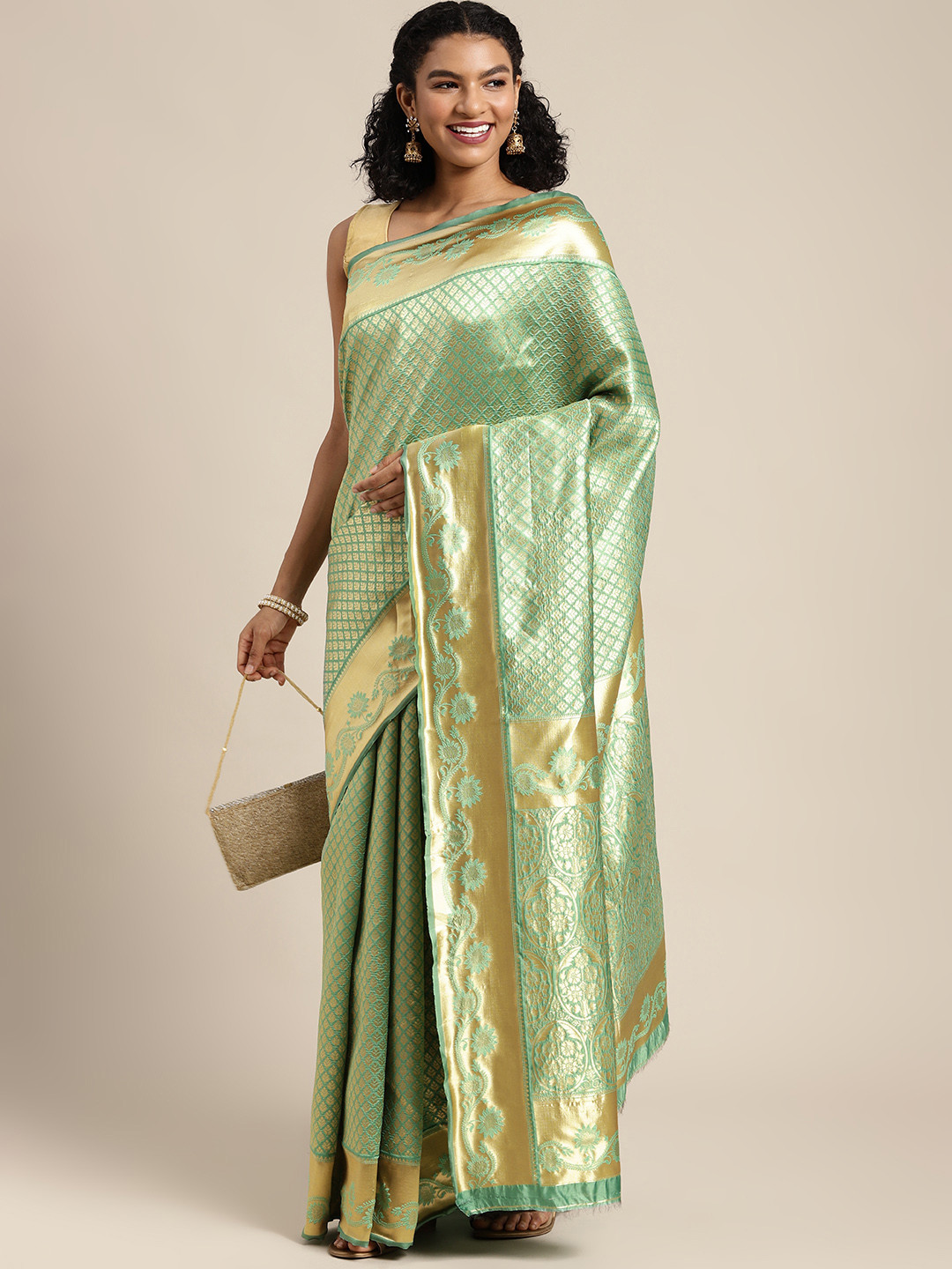 

Mitera Sea Green & Golden Ethnic Motifs Woven Design Banarasi Saree