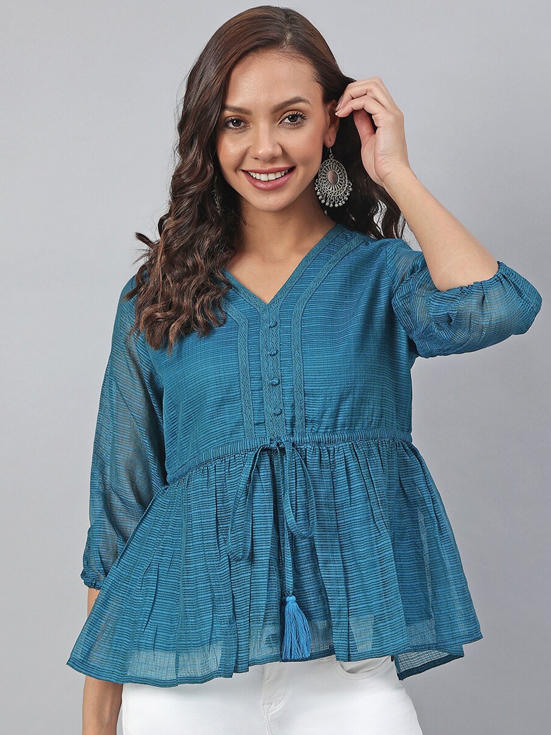

Janasya Women Teal Cinched Waist Top