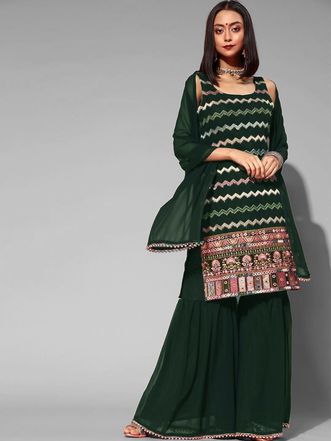 

Chhabra 555 Women Green Embroidered Angrakha Mirror Work Kurti with Sharara & With Dupatta