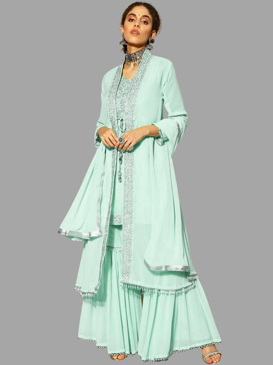 

Chhabra 555 Women Sea Green Ethnic Motifs Embroidered Layered Beads and Stones Kurti with Sharara & With