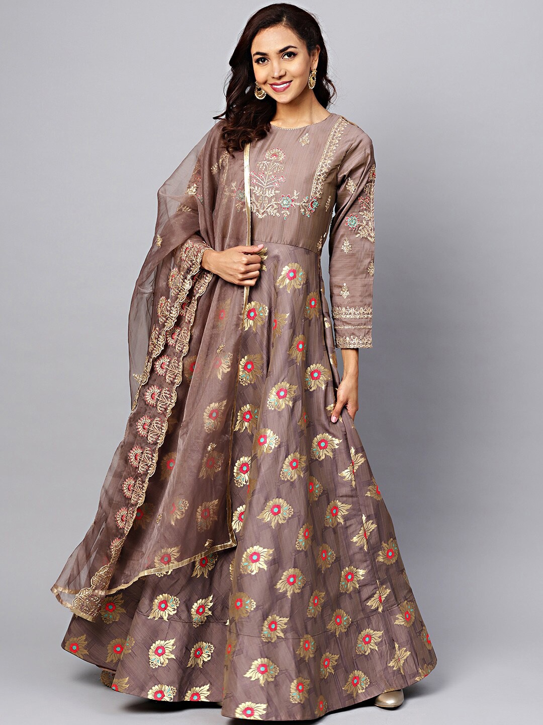 

Chhabra 555 Taupe Floral Jacquard Ethnic Maxi Dress