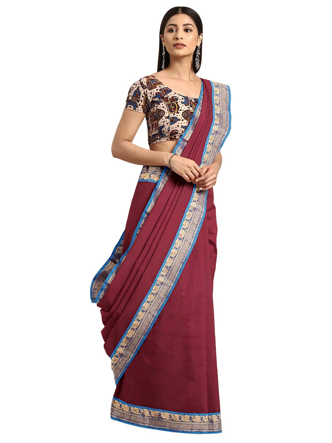 

KALINI Maroon & Blue Ethnic Motifs Zari Pure Cotton Venkatgiri Saree