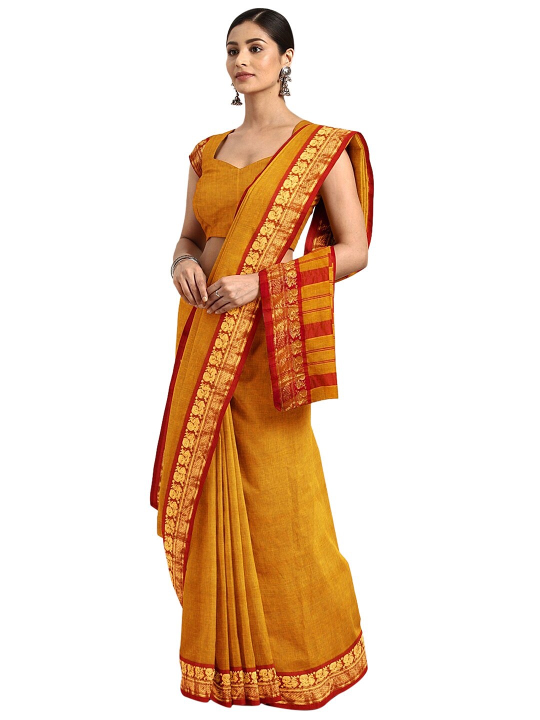 

KALINI Mustard & Red Zari Pure Cotton Venkatgiri Saree