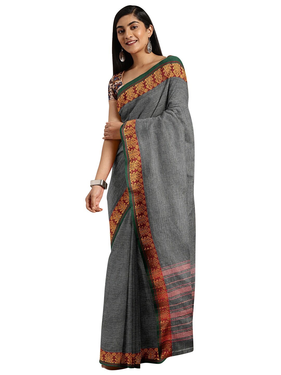 

KALINI Grey & Maroon Zari Pure Cotton Venkatgiri Saree