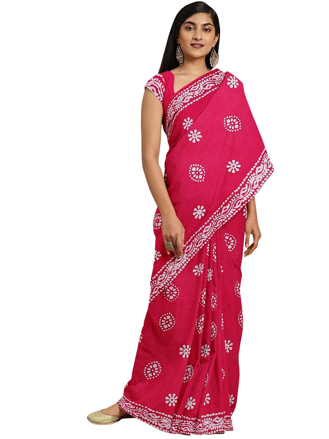 

KALINI Pink & White Batik Pure Cotton Block Print Saree