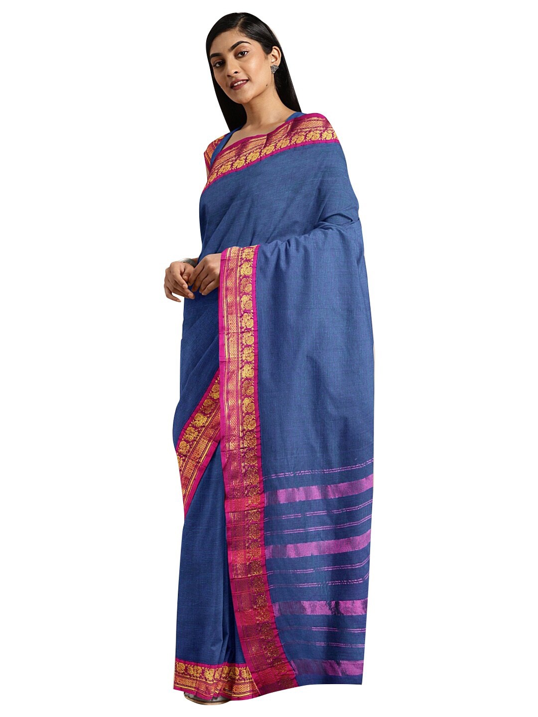 

KALINI Blue & Pink Zari Pure Cotton Venkatgiri Saree