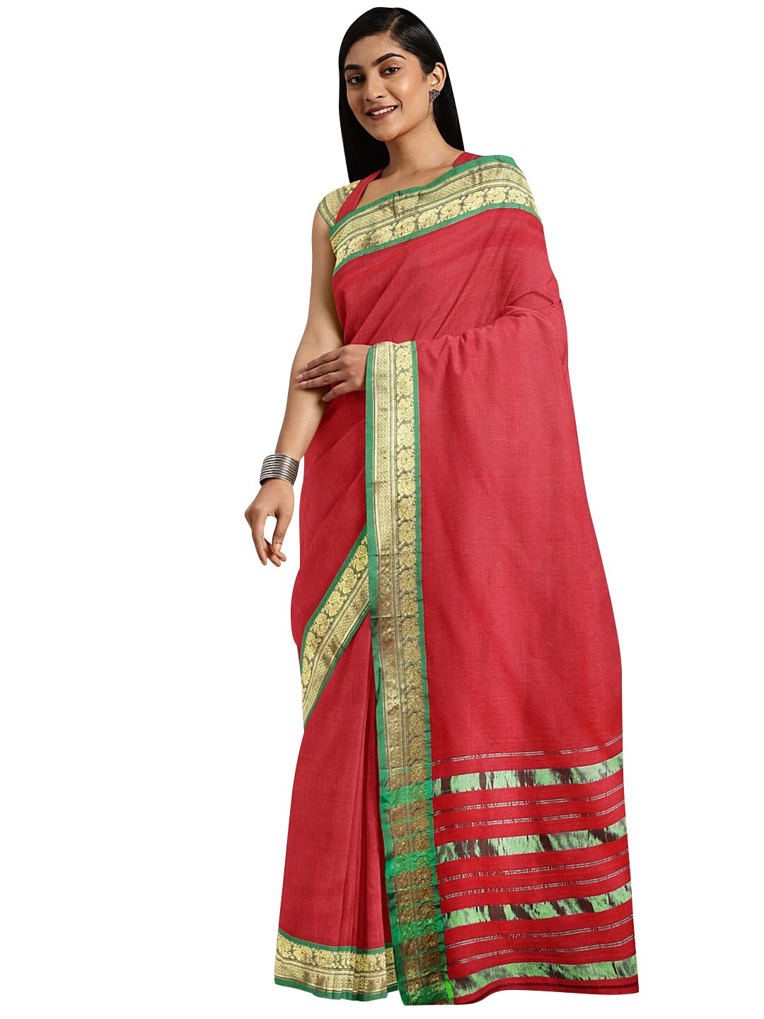 

KALINI Red & Green Zari Pure Cotton Venkatgiri Saree