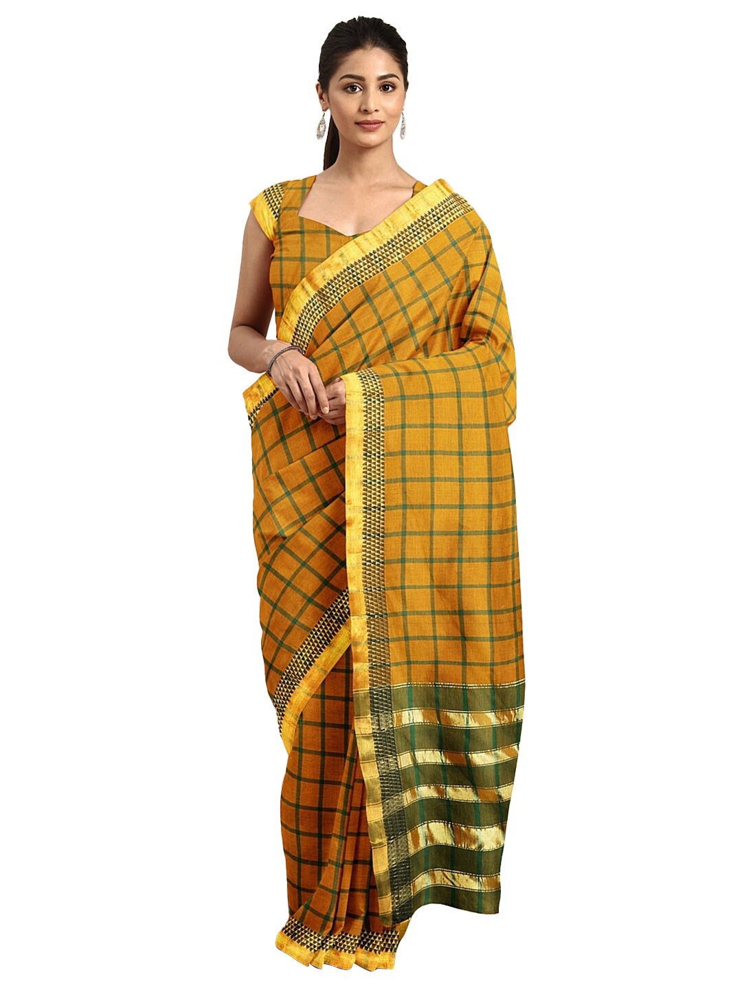 

KALINI Mustard & Gold-Toned Checked Zari Pure Cotton Venkatgiri Saree