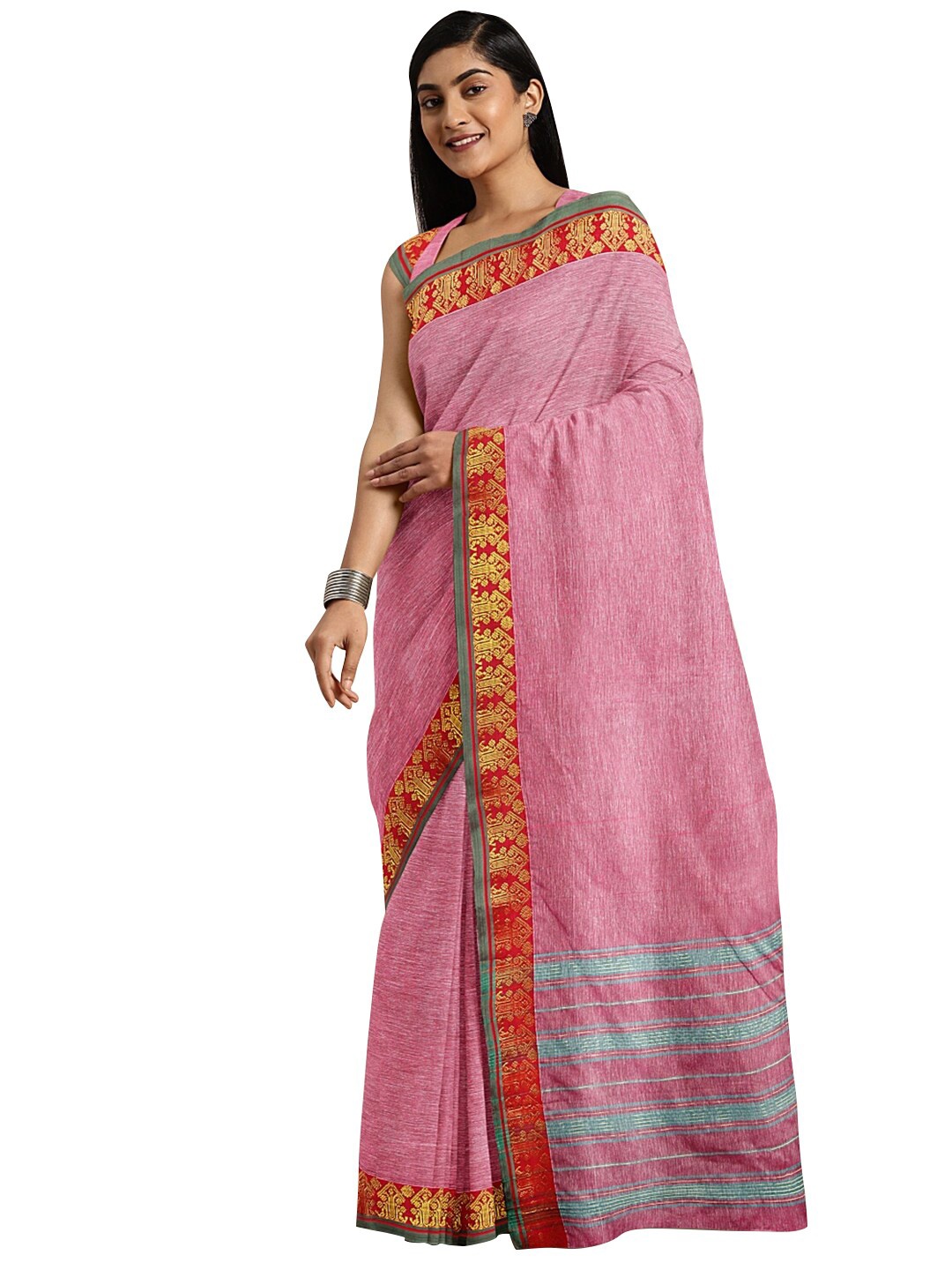

KALINI Pink & Red Pure Cotton Venkatgiri Saree