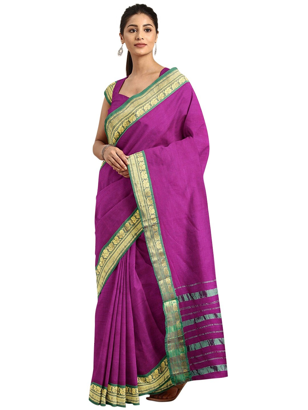 

KALINI Pink & Green Ethnic Motifs Zari Pure Cotton Venkatgiri Saree