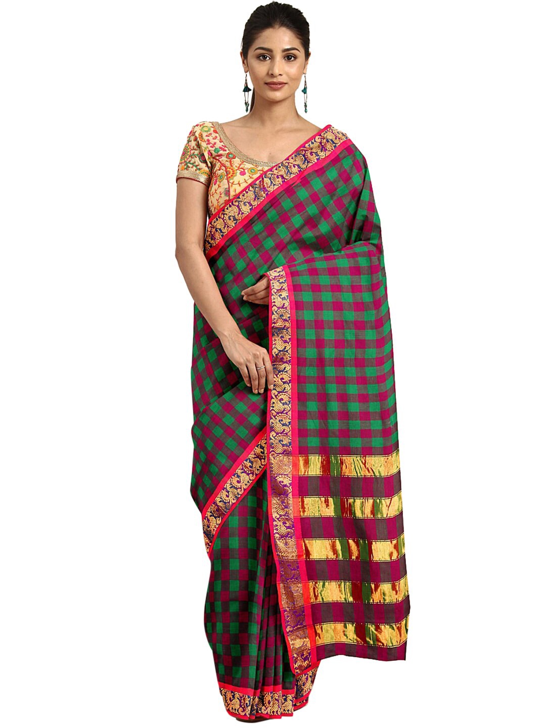 

KALINI Green & Pink Checked Zari Pure Cotton Venkatgiri Saree
