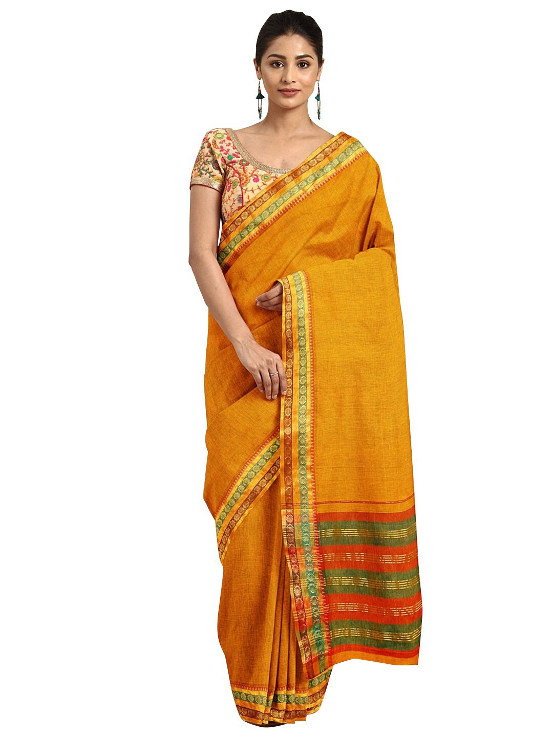 

KALINI Gold-Toned & Green Zari Pure Cotton Venkatgiri Saree