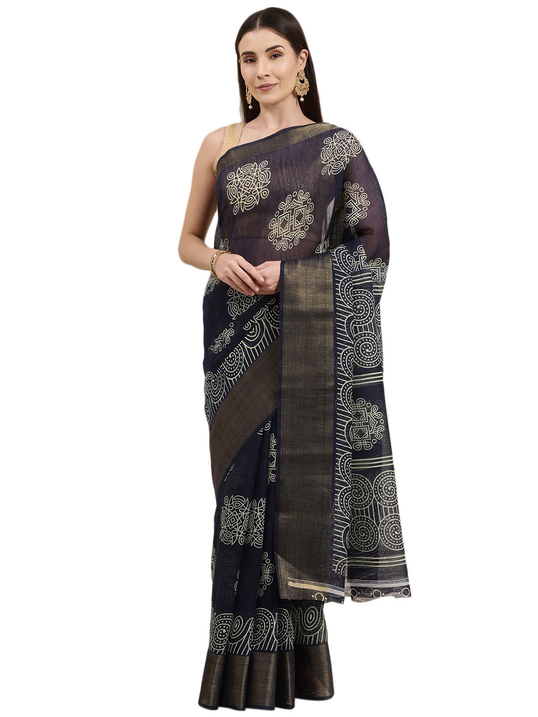 

KALINI Navy Blue & White Ethnic Motifs Zari Bhagalpuri Saree