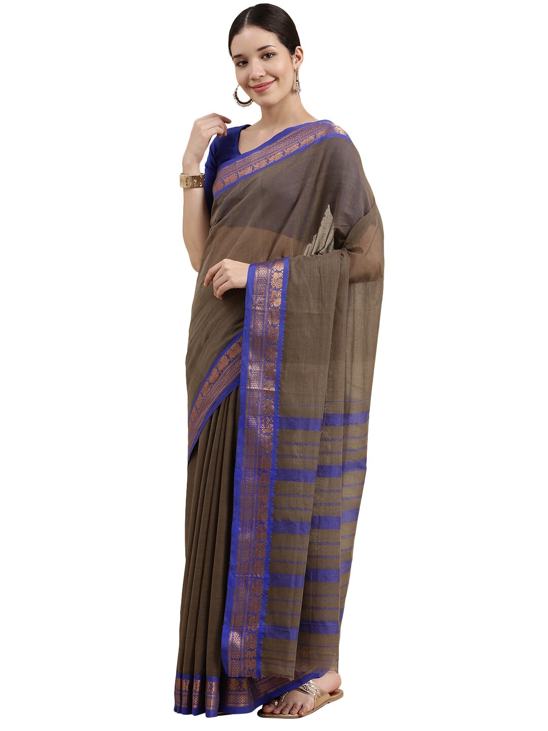 

KALINI Grey & Navy Blue Zari Pure Cotton Venkatgiri Saree