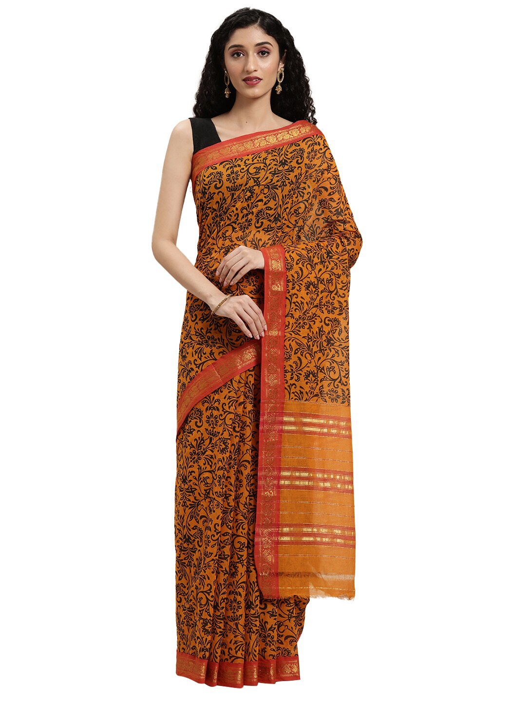 

KALINI Yellow & Gold-Toned Floral Zari Pure Cotton Venkatgiri Saree