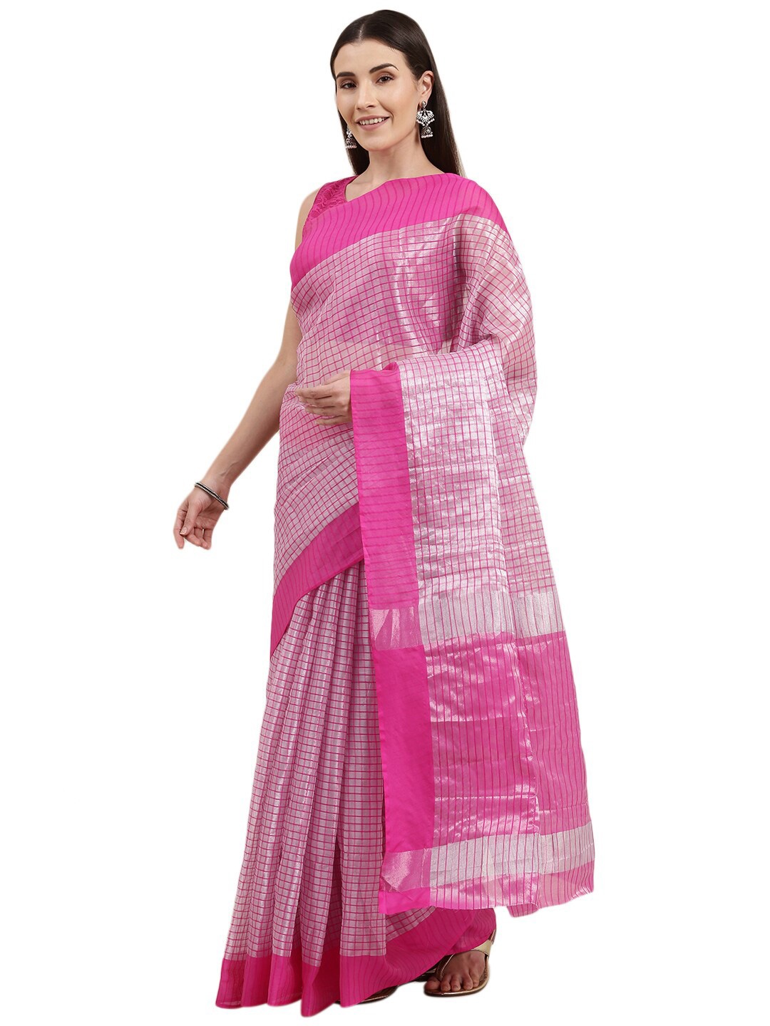 

KALINI Grey & Pink Checked Zari Bhagalpuri Saree
