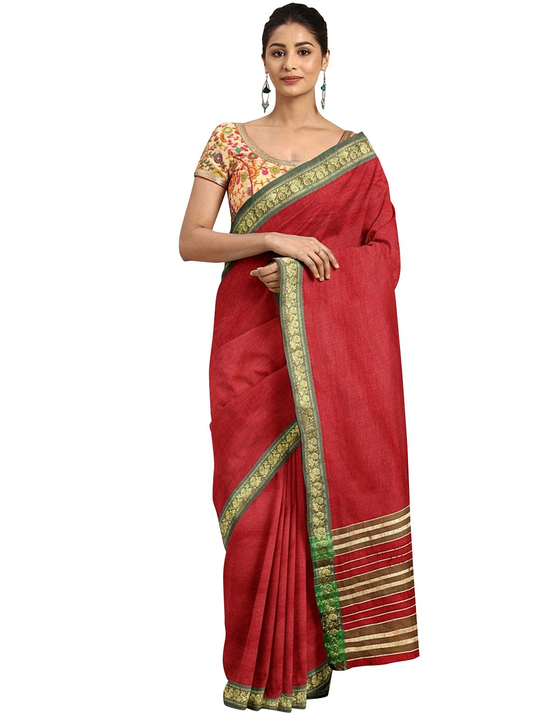 

KALINI Red & Green Zari Pure Cotton Venkatgiri Saree